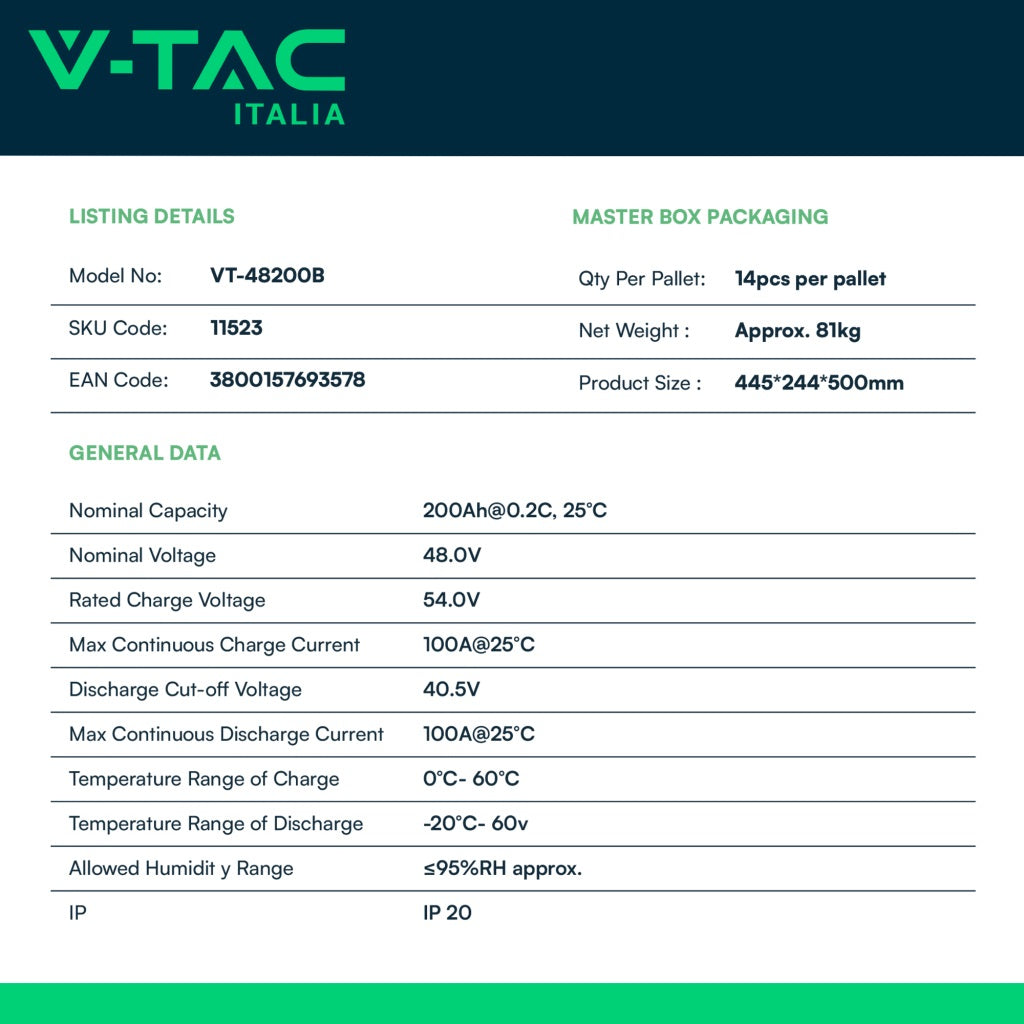 V-TAC Batteria di Accumulo 9.6kWh al Litio-Ferro-Fosfato LiFePO4 BMS Integrato Incluse Staffe per Ancoraggio a Muro per Inverter Fotovoltaici CEI 0-21 48V 200Ah Garanzia 10 Anni V-TAC Batteria di Accumulo 9.6kWh al Litio-Ferro-Fosfato LiFePO4 BMS Integrato Incluse Staffe per Ancoraggio a Muro per Inverter Fotovoltaici CEI 0-21 48V 200Ah Garanzia 10 Anni